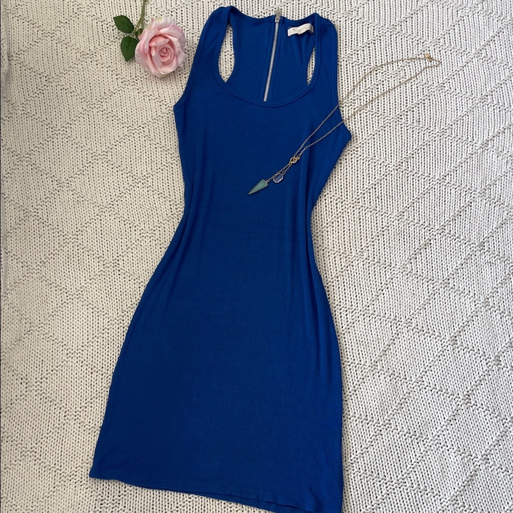 Forever 21 Blue Ribbed Sleeveless Tank Midi Dress Back Zip Bodycon Size L